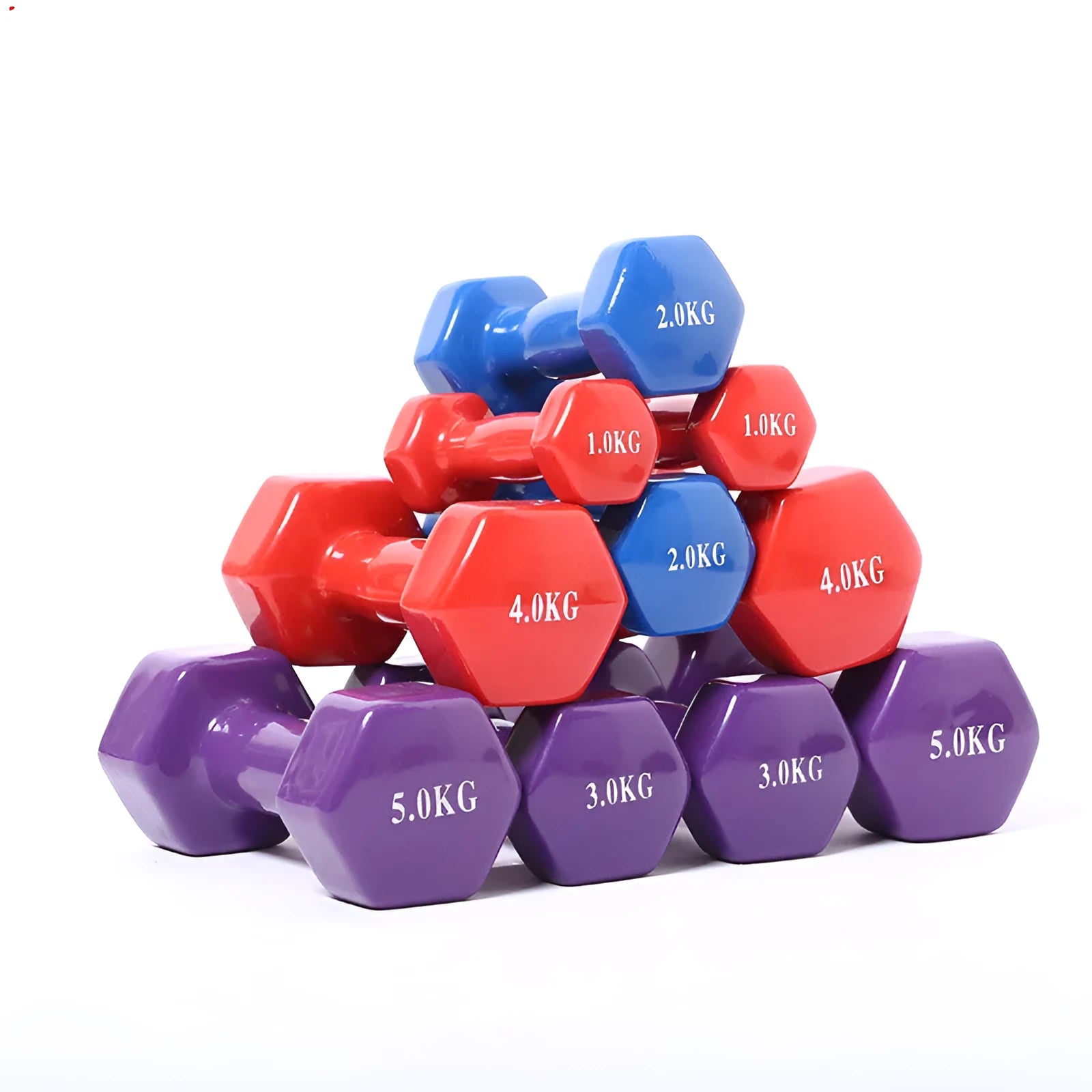 Bright coloured plastic fitness dumbbells with glossy surface for yoga and aerobics
