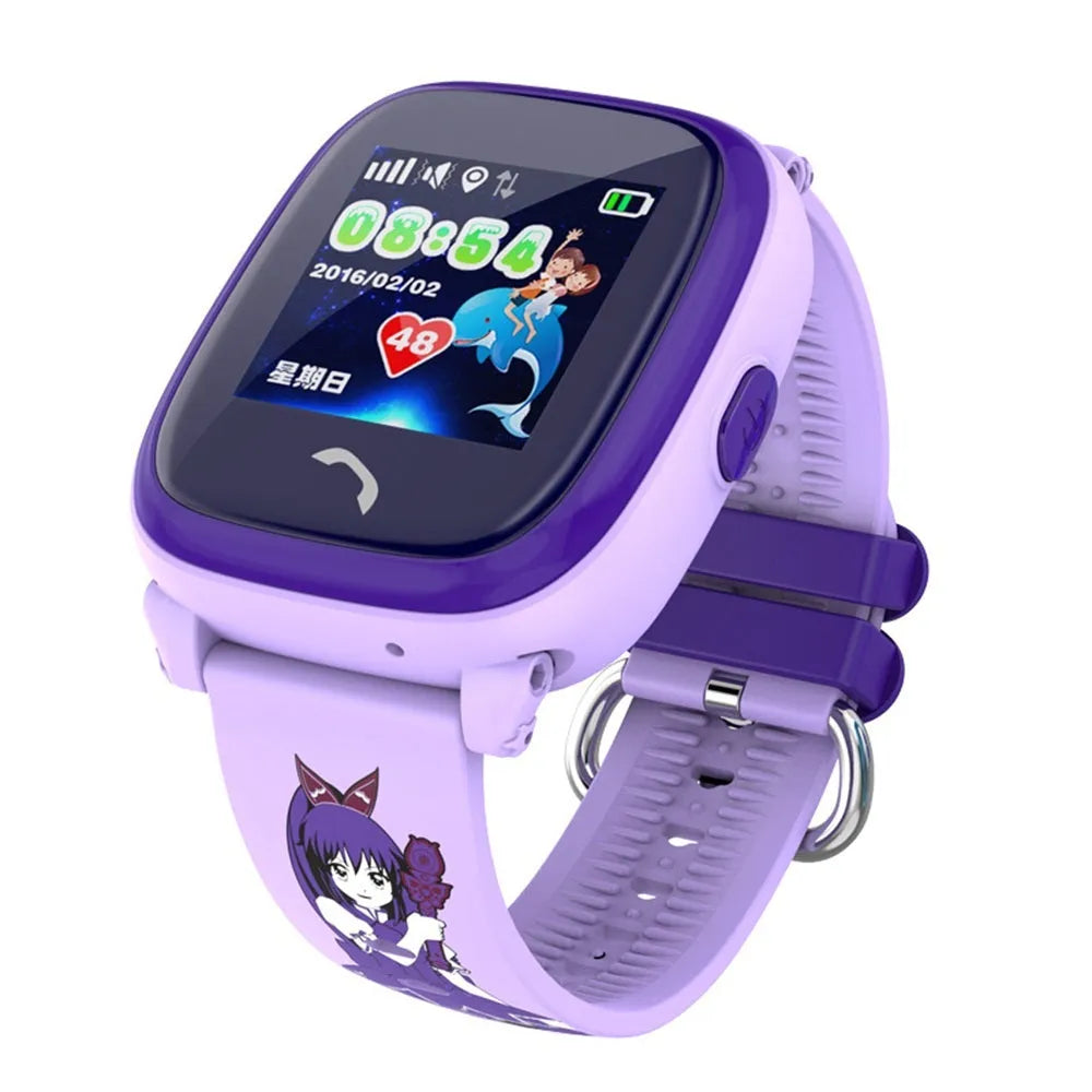 Blue DF25 children's waterproof smartwatch with touchscreen display and silicone strap on a wrist.