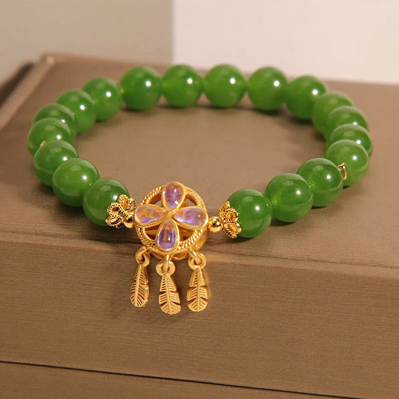 Green jasper crystal bracelet with four-leaf clover dream catcher pendant, women's original design jewellery