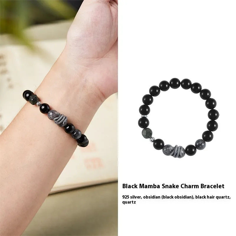 S925 sterling silver men's snake bracelet with obsidian black crystal hair design