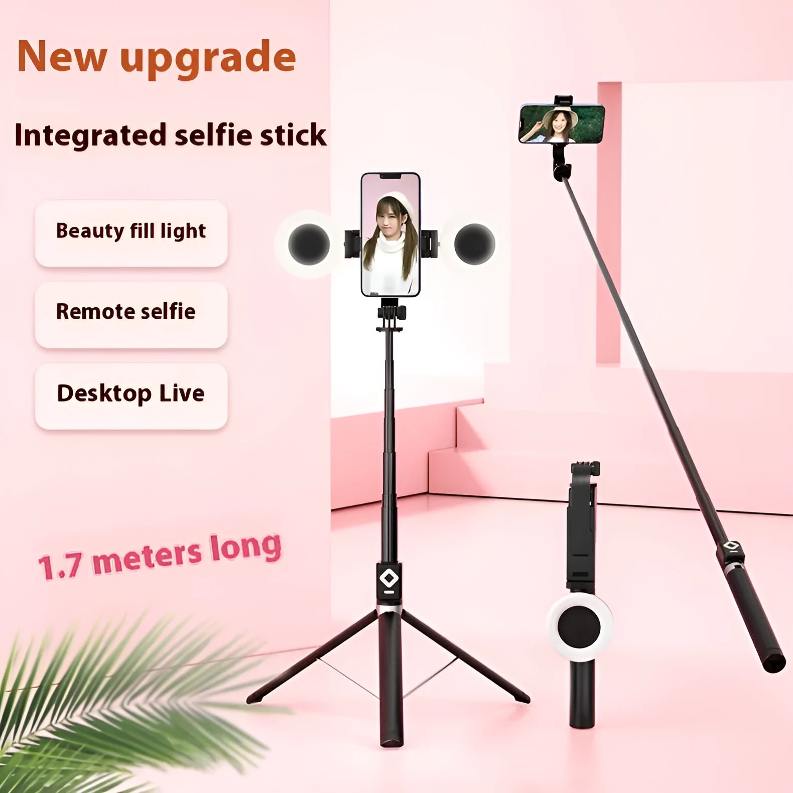 T11 aluminium alloy selfie stick with dual light, available in black and white colours