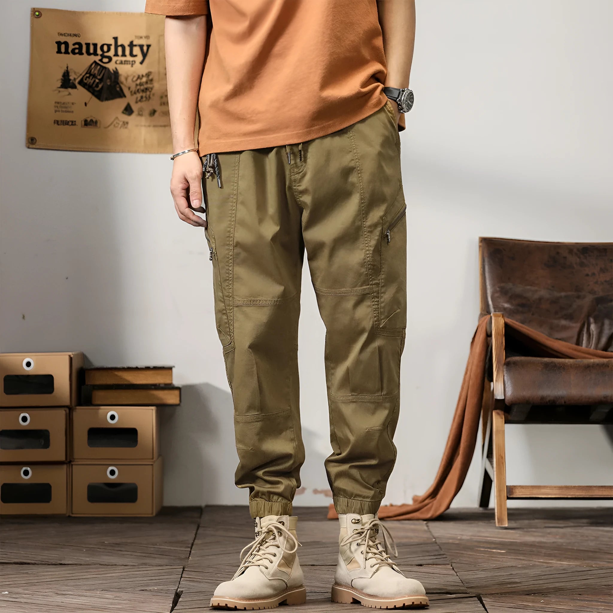 Men's cotton harem pants with tapered ankle bands in khaki, peacock green, coffee, or black colours