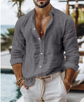 Men's solid colour cotton linen blend long sleeve shirt in regular cardigan style on white background