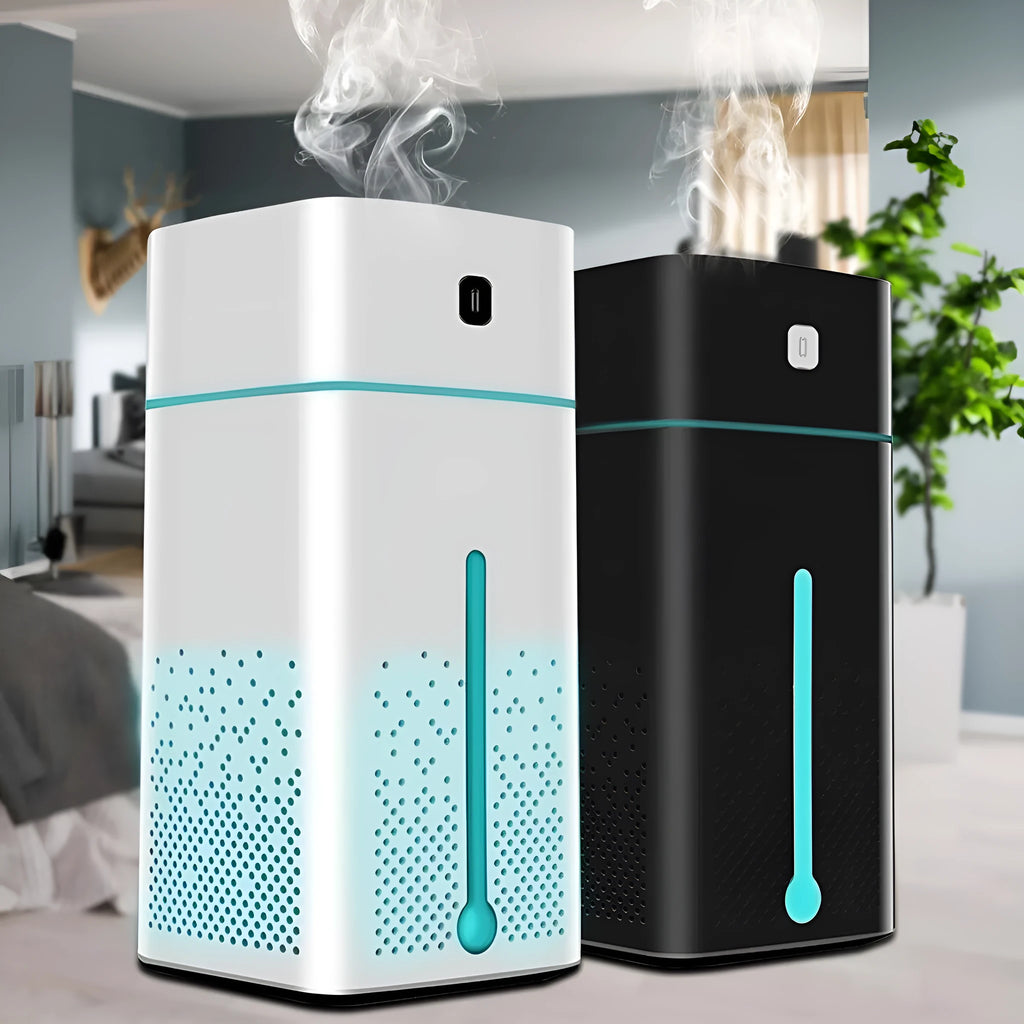 Black or white desktop humidifier with 1000ml tank and USB port for home office use.
