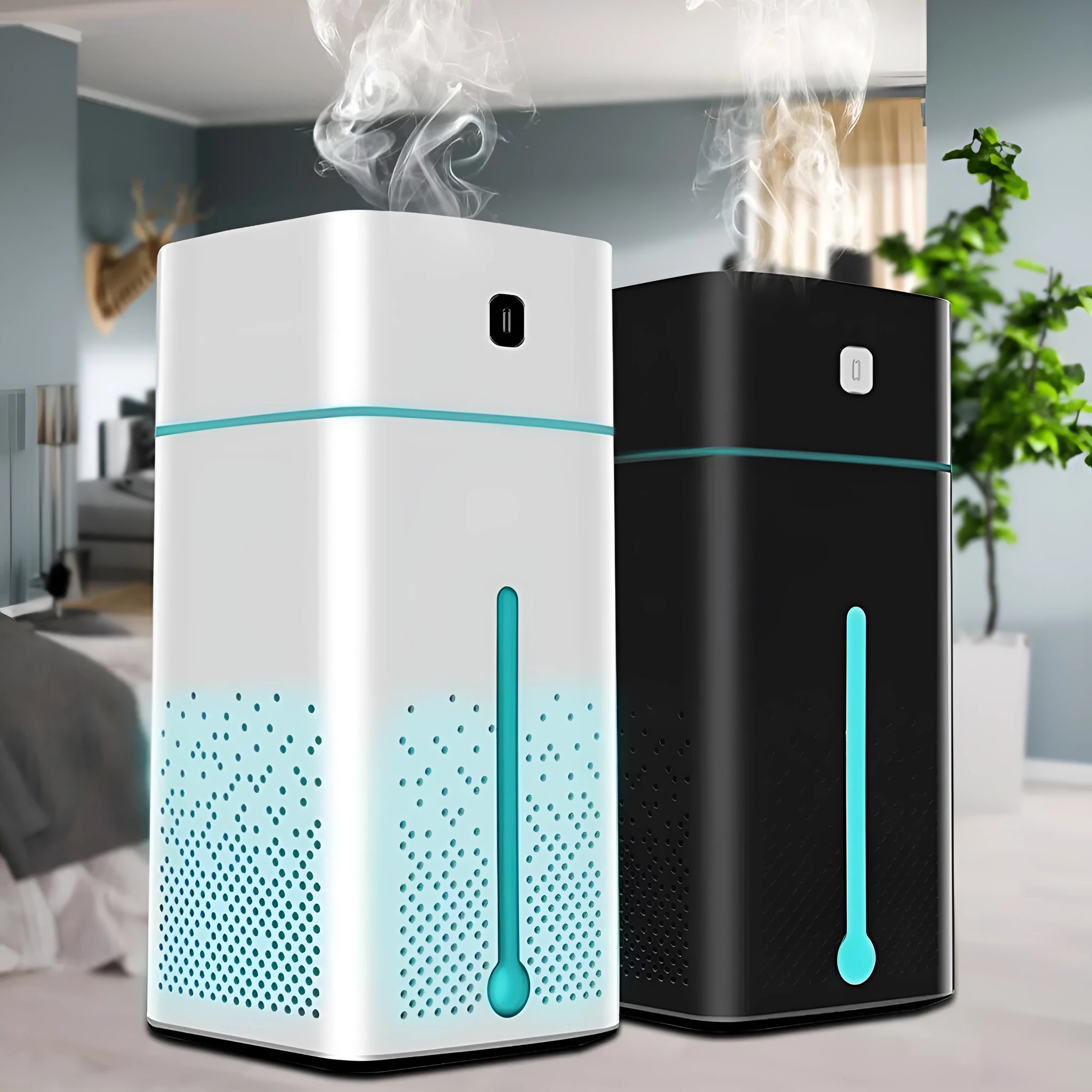Black or white desktop humidifier with 1000ml tank and USB port for home office use.