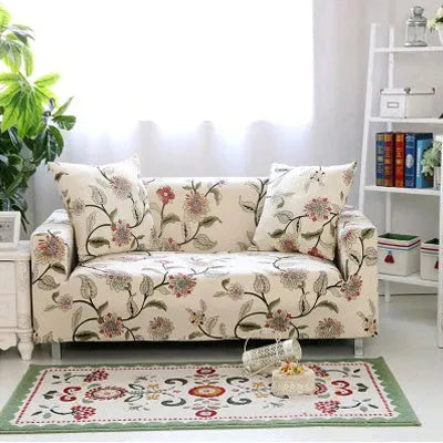 Geometric patterned stretch sofa slipcover fitted on a modern two-seater sofa.
