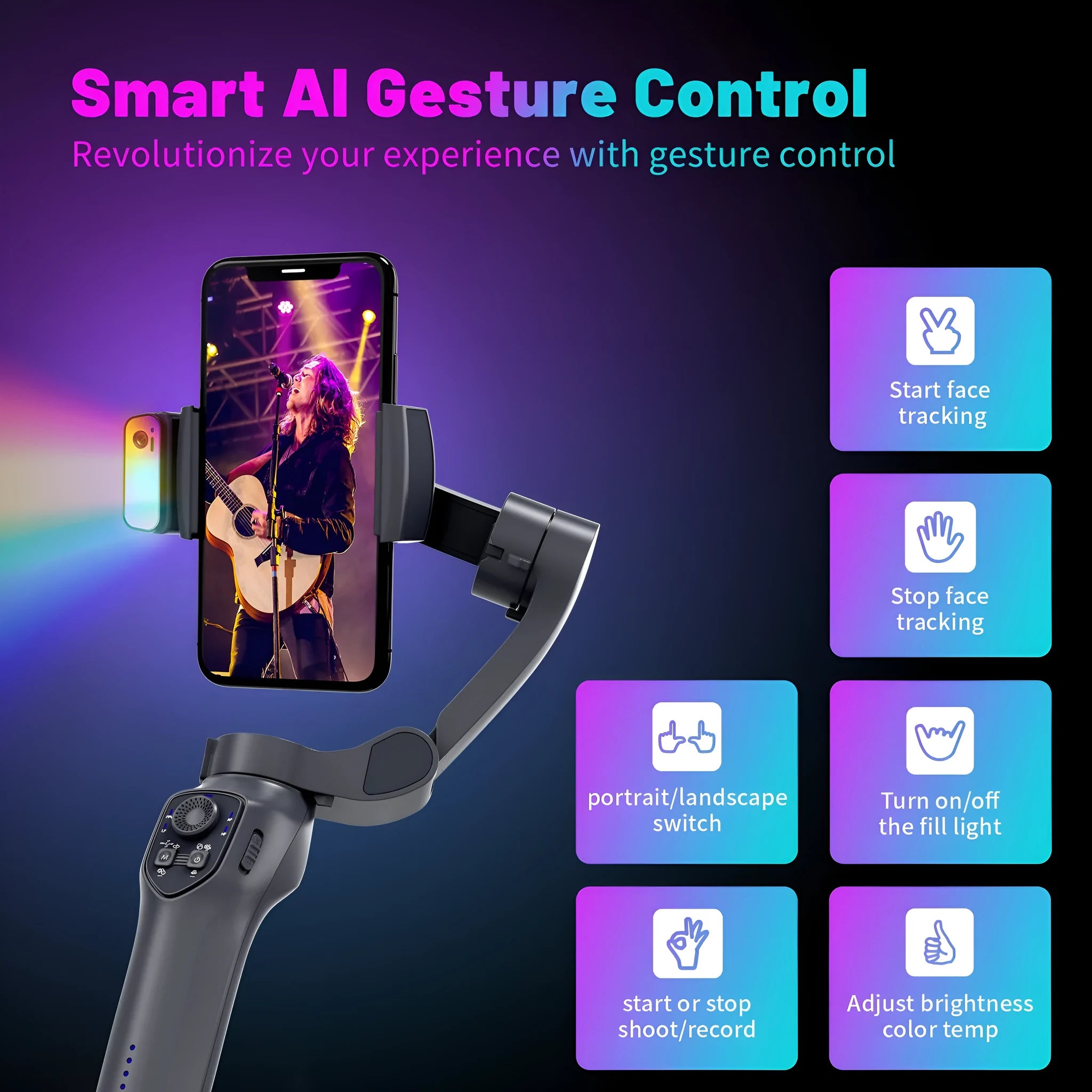 Gun colour foldable handheld camera stabiliser showing USB charging port.