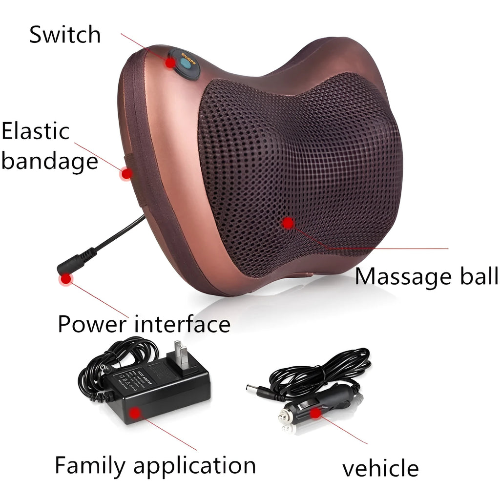 Electric infrared kneading massage pillow in black PU leather with control buttons and adjustable fixing strap for car seat use