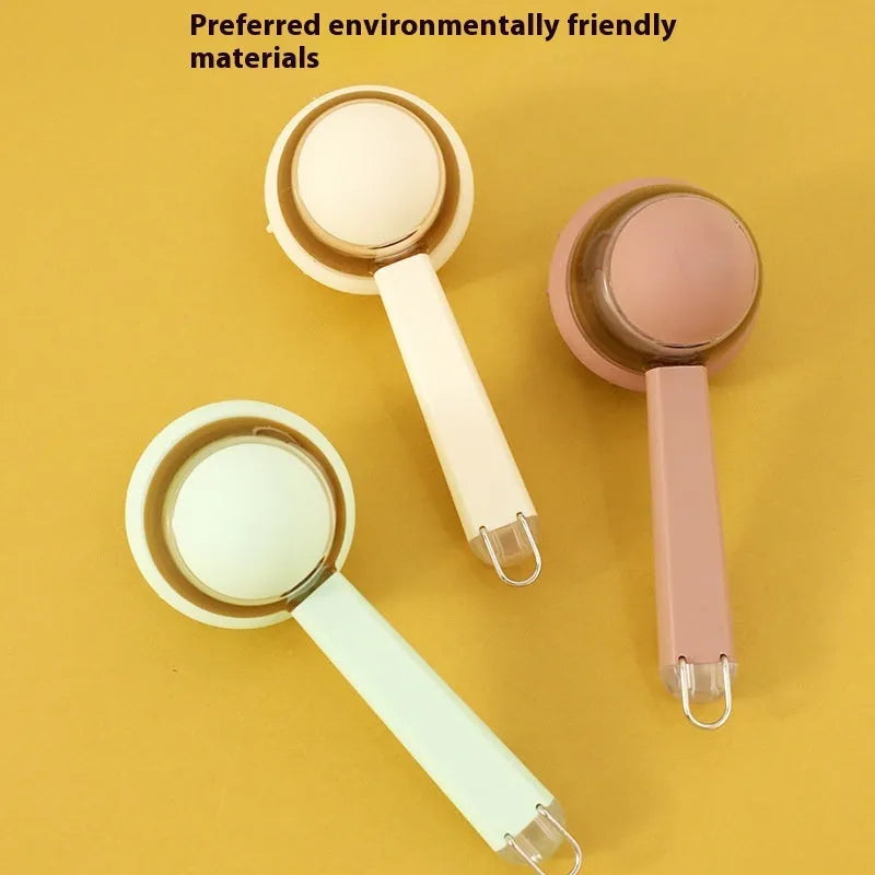 Three 3-in-1 pet bath brushes in beige, blue, and green with shampoo dispensing handles and silicone bristles on white background