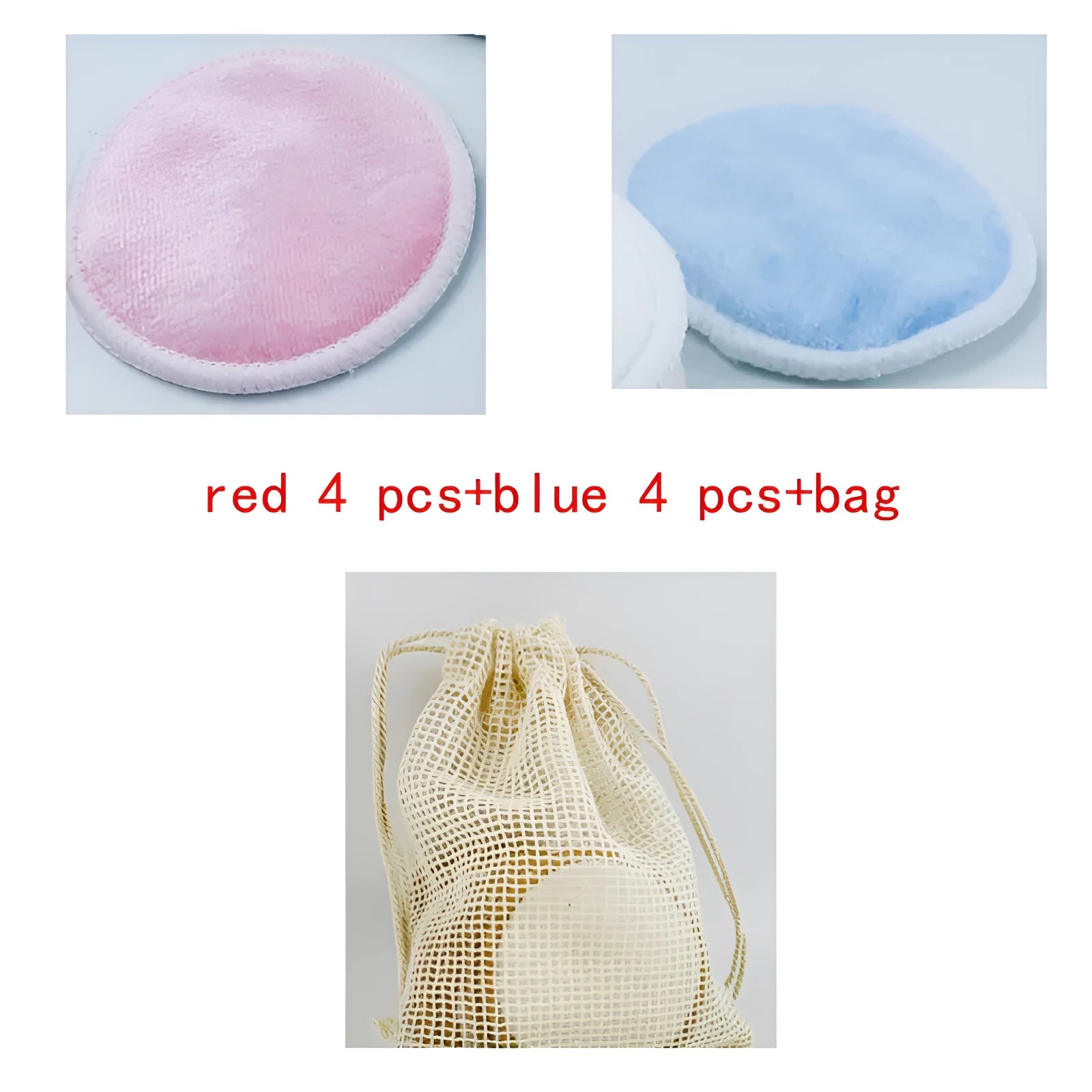 Set of red and blue velvet makeup remover pads next to a cotton mesh storage bag