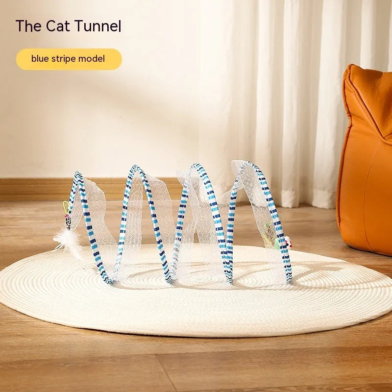Folded cat tunnel S type in striped pattern with mouse and feather attachments on each end