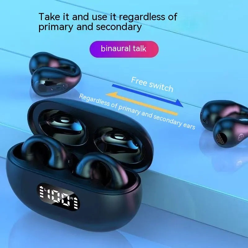 Non-in-ear clip wireless Bluetooth headset in black with plastic ear hook design