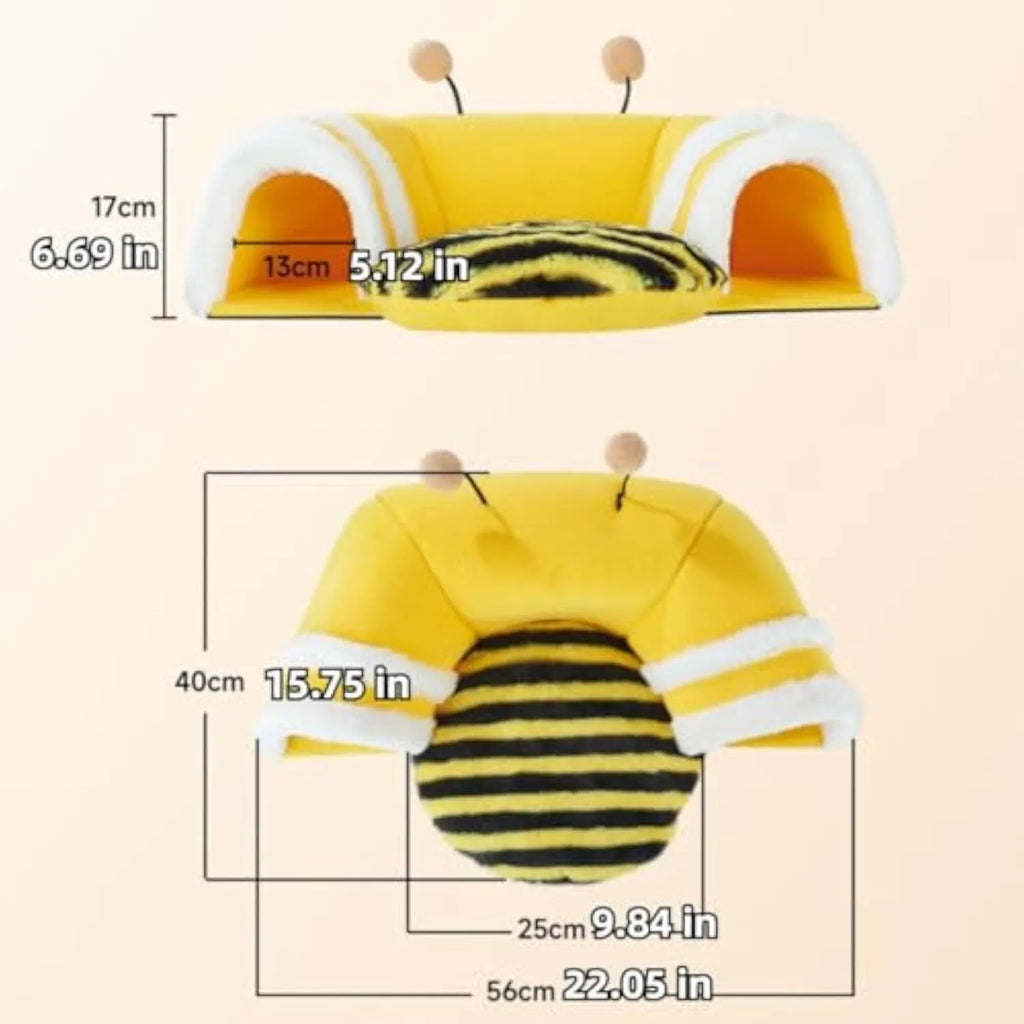 Yellow bee-shaped plush tunnel bed for small pets with removable sections and wire frame