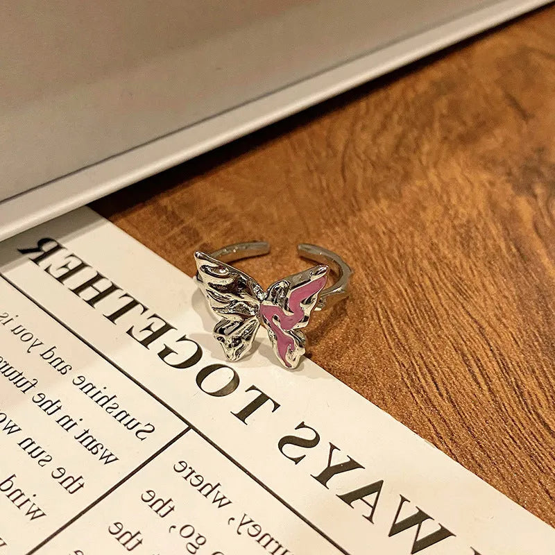 Chinese butterfly design women's ring in polished copper with oil drip texture