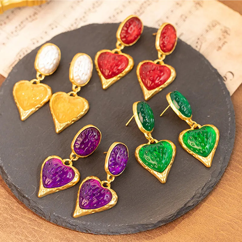 Silver needle pleated oval love heart stud earrings in alloy with four colour options