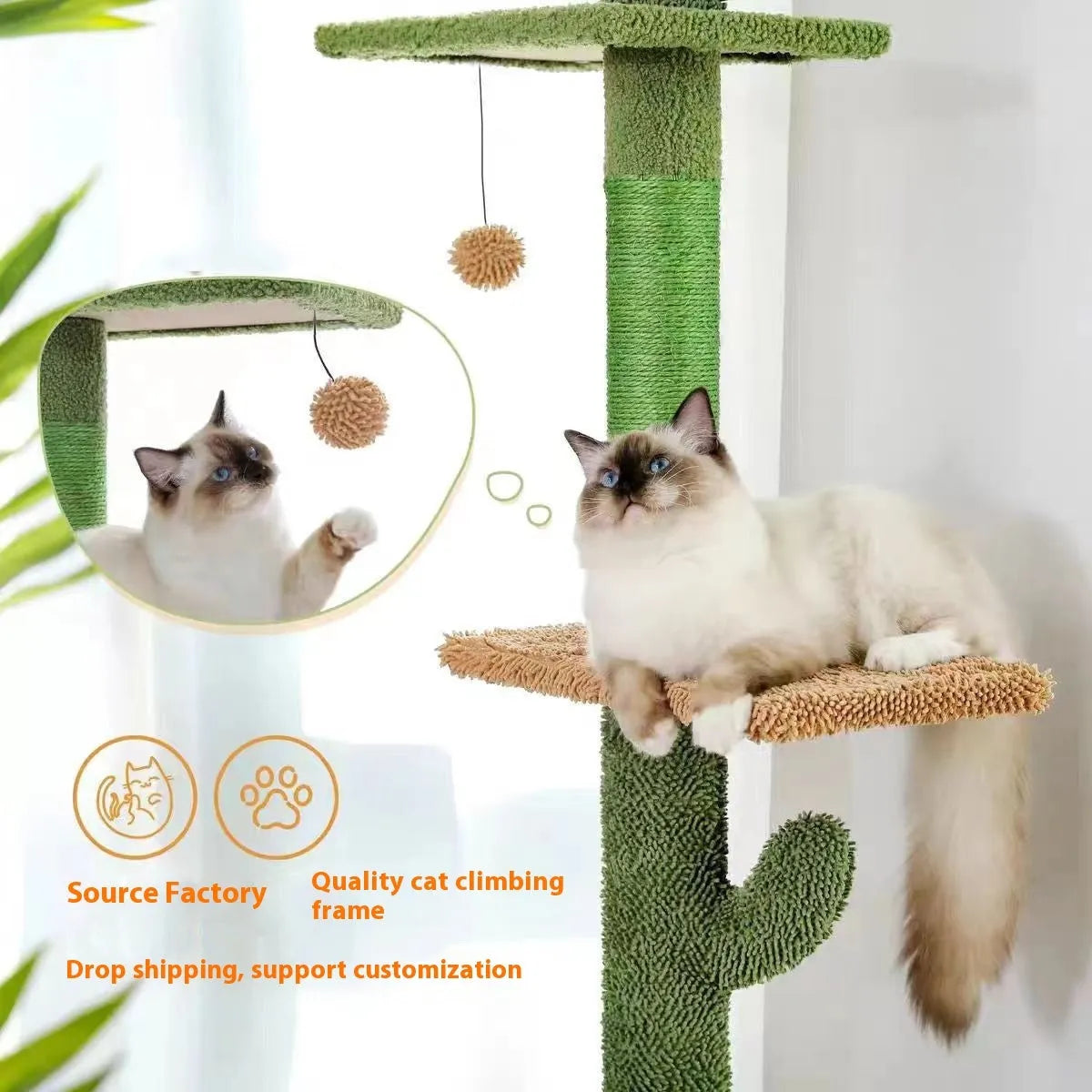 Tall solid wood cat climbing frame with integrated scratch board, cat nest, and hanging toy