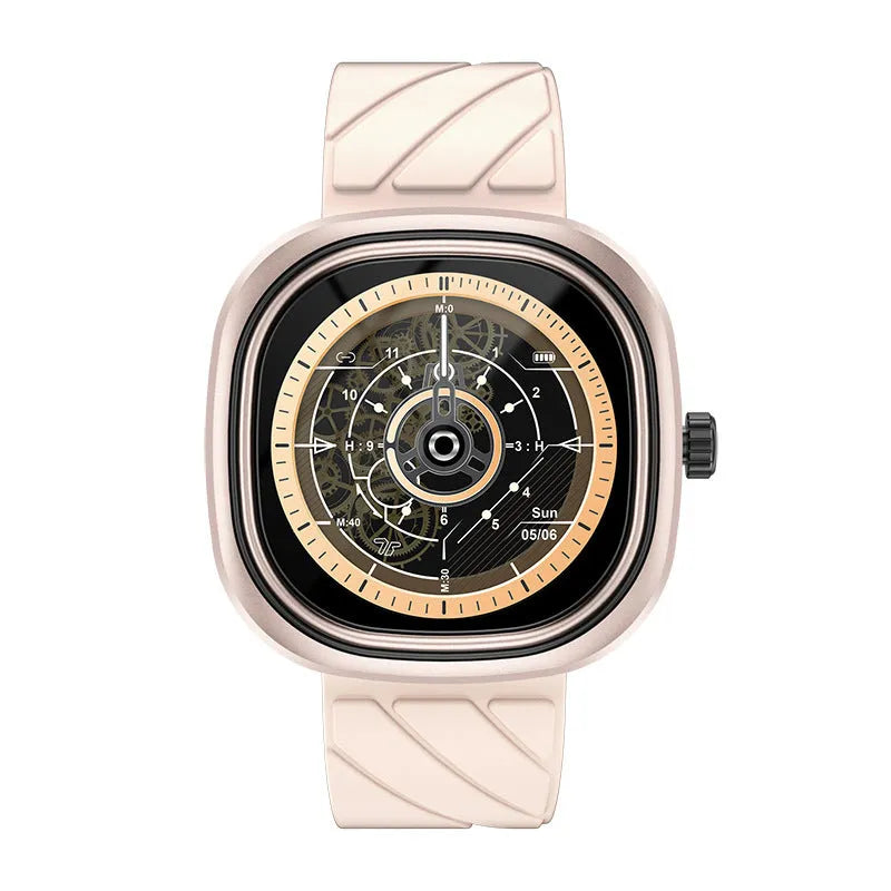 Smart sports watch with silicone wristband showing on a wrist, displaying time on its 1.32-inch screen.