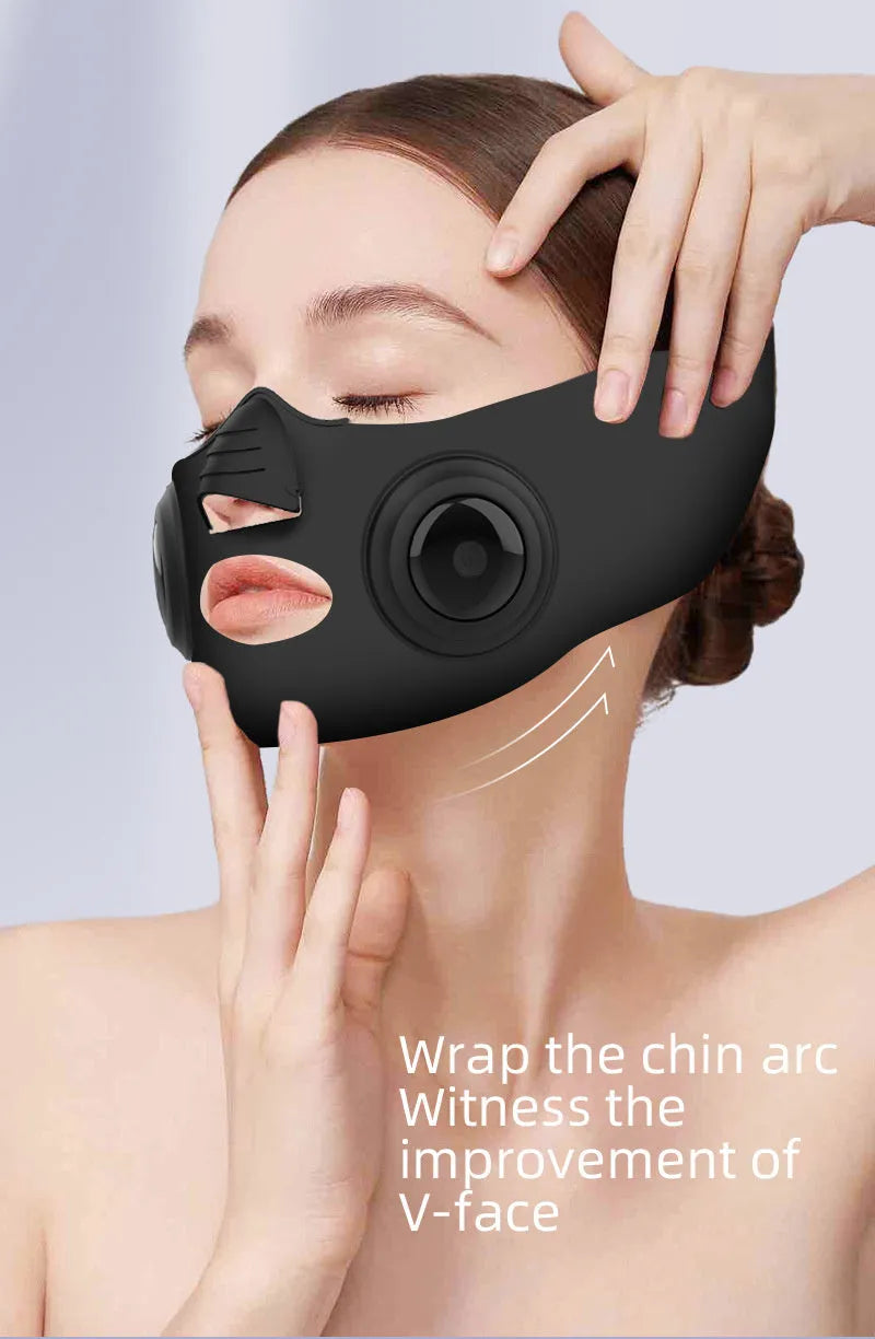 Black at-home photon facial beauty mask device with USB cable.