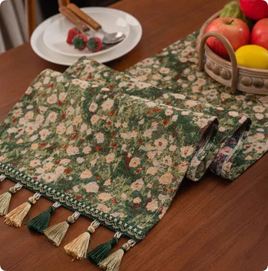 European retro style long sideboard table flag with handwoven tassels in a blue ginkgo leaf pattern