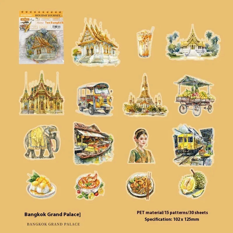 Retro-style architecture journal stickers showing designs of Big Ben, Arc de Triomphe, and other global landmarks.