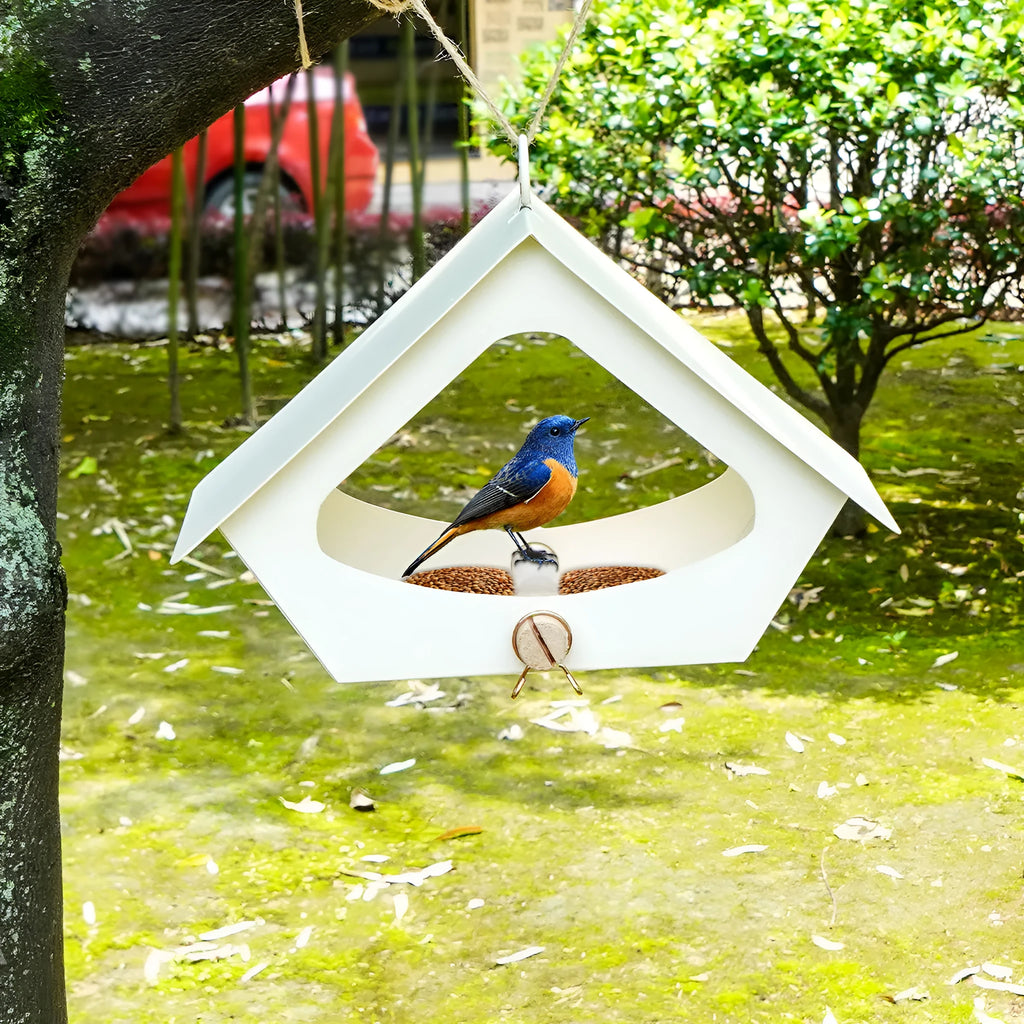 European-style iron bird nest with anti-rain roof in garden setting