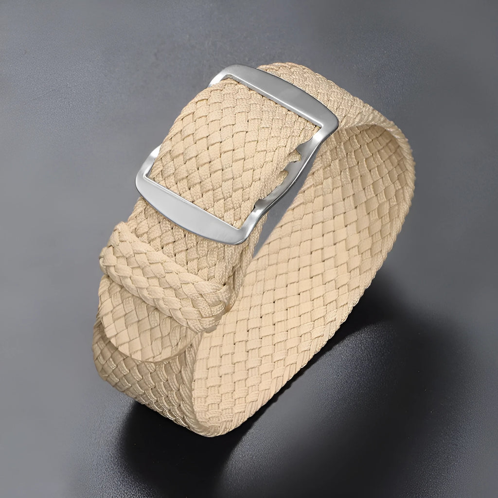 Woven nylon watchband in beige, 20mm width, with canvas-style finish on white background