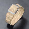 Woven nylon watchband in beige, 20mm width, with canvas-style finish on white background