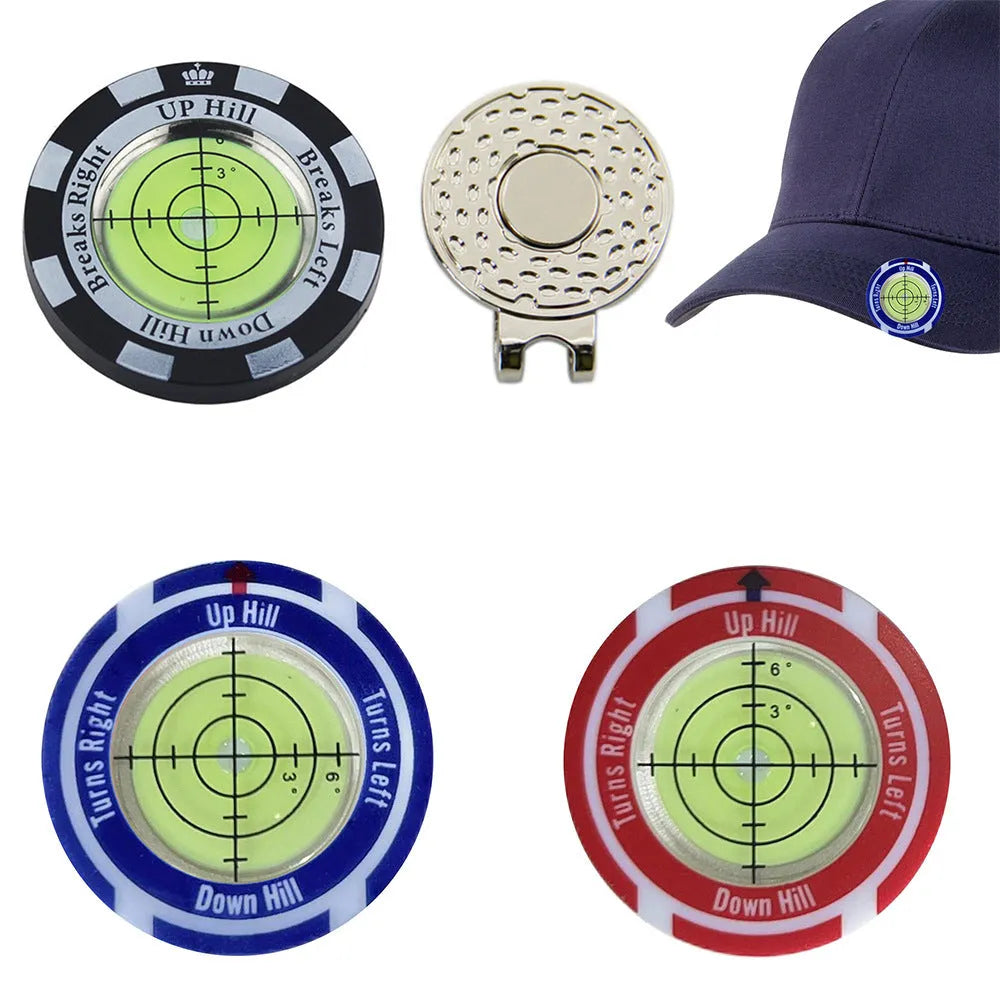 Golf level hat clip measurement device with green position markers for score tracking