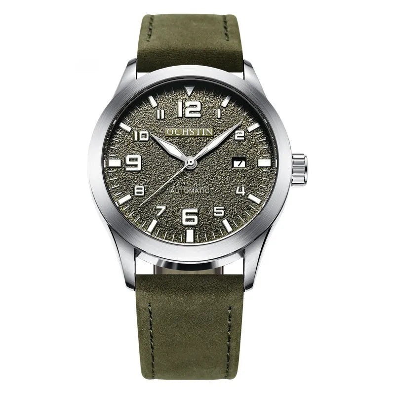Men's black and silver automatic mechanical watch with leather strap showing 12mm thickness