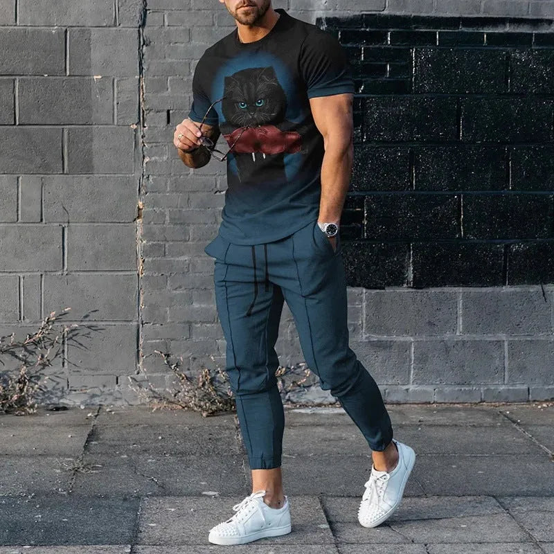 Men's short sleeve printed top and trouser sport suit set in polyester blend fabric.