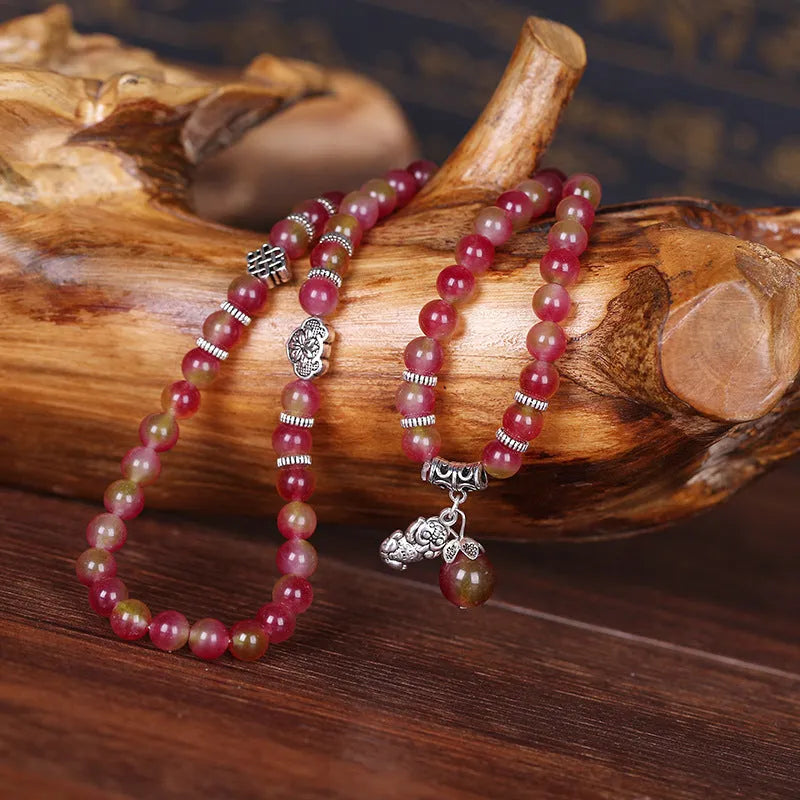Watermelon crystal bracelet with Chinese knot design in 6mm or 8mm elephant style beads