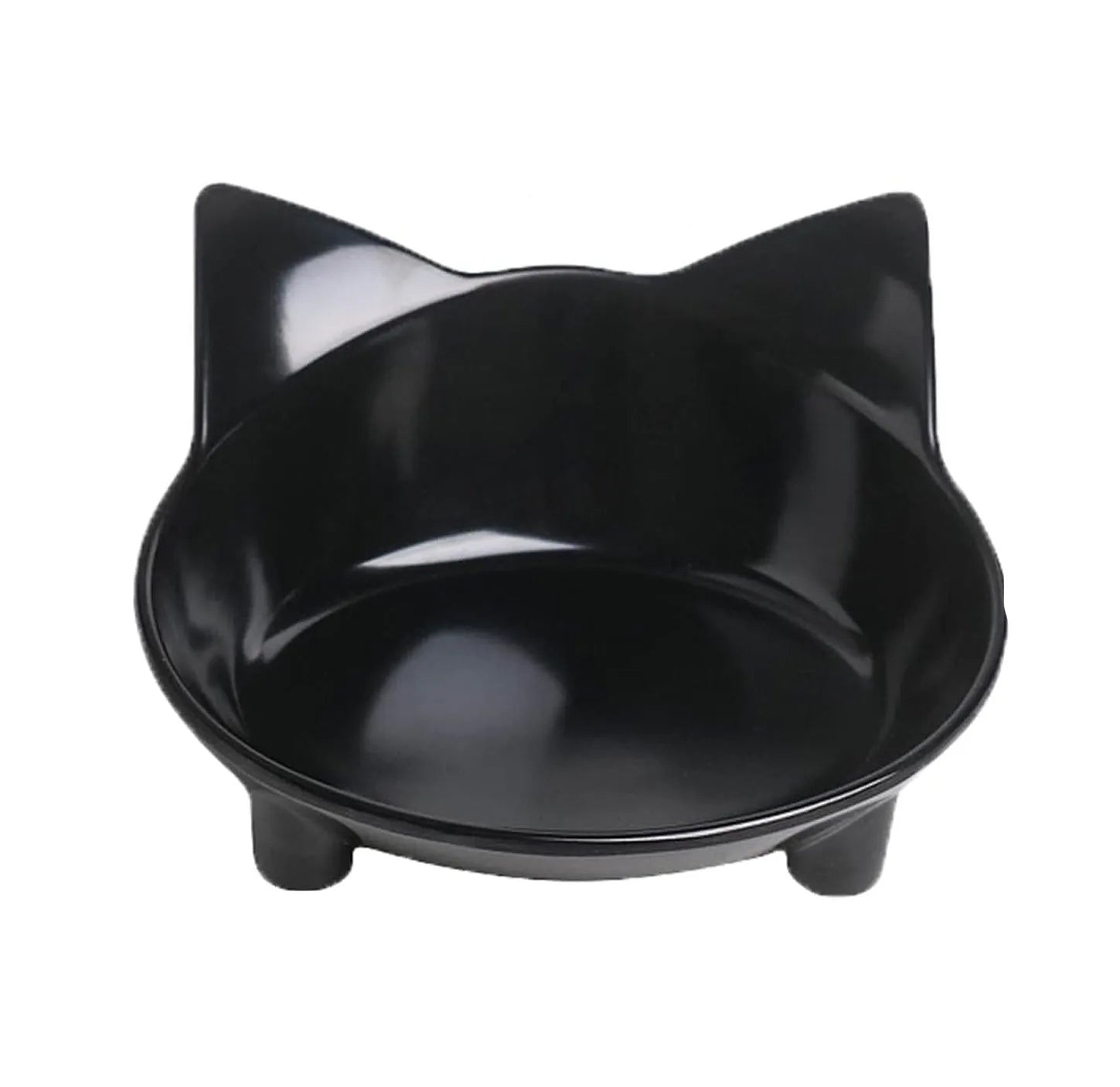 White shallow melamine cat bowl with non-slip rubber base on a wooden table.