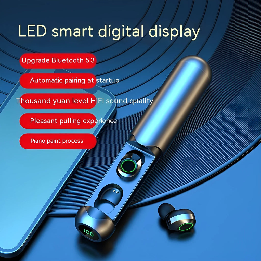 Black pull-out wireless Bluetooth headset with digital display in charging bin, plastic build, ergonomic in-ear design