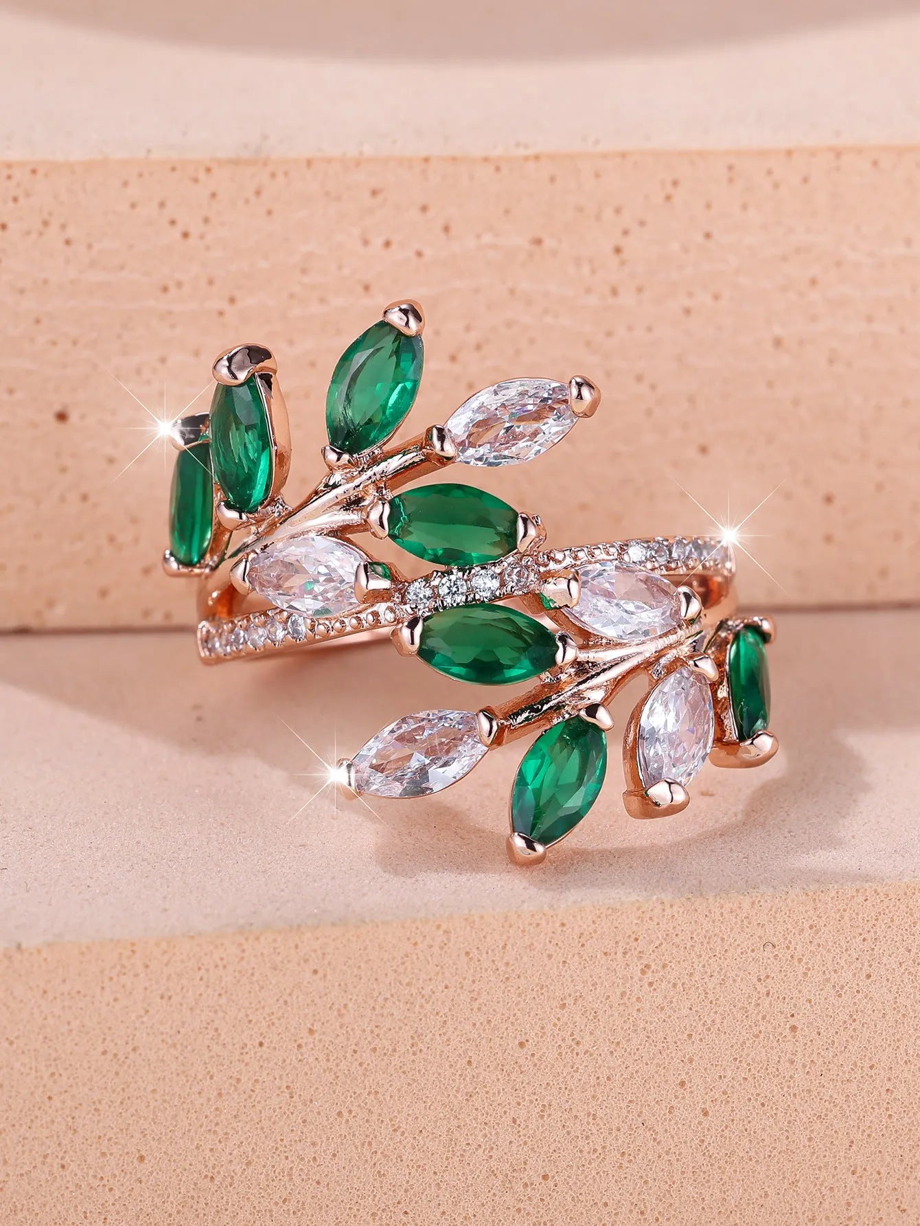 Adjustable copper leaf fashion ring with stone settings in multiple colour options
