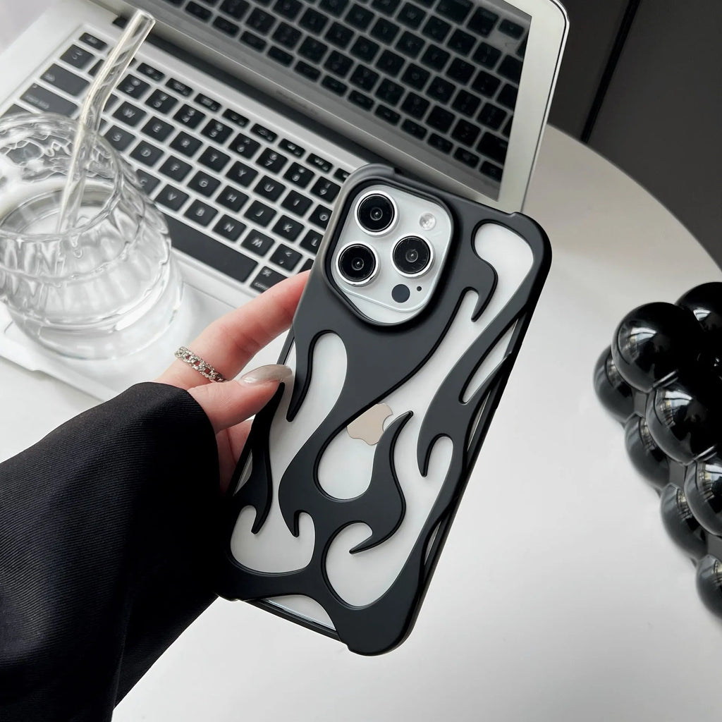 Electroplated hollow flame pattern iPhone case in silver with TPU soft shell construction