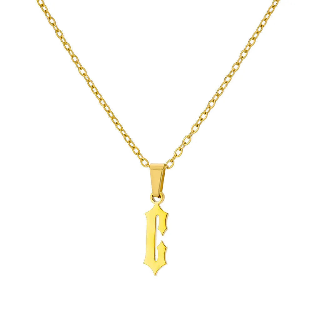 Gold stainless steel ancient English letter pendant necklace with O-ring chain on white background