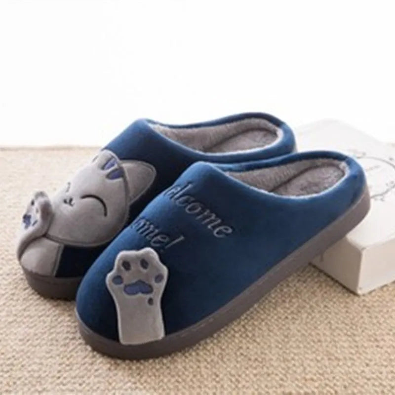 LovelyCotton slippers with cat design, soft suede vamp, warm plush lining, low heel, PVC sole, indoor use