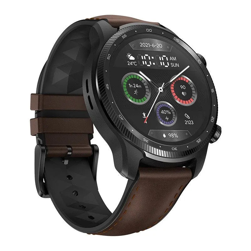 Ticwatch Pro X 47mm black smart watch with circular AMOLED display on a wrist.