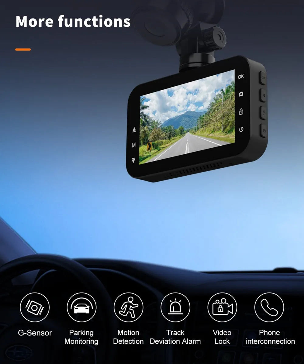 ThiEYE front and rear dash cam with 3-inch screen mounted on car windscreen
