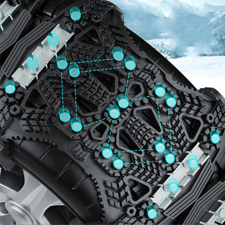 Universal car and SUV anti-skid chain with steel plates, snow shovel, and tools in black or yellow.