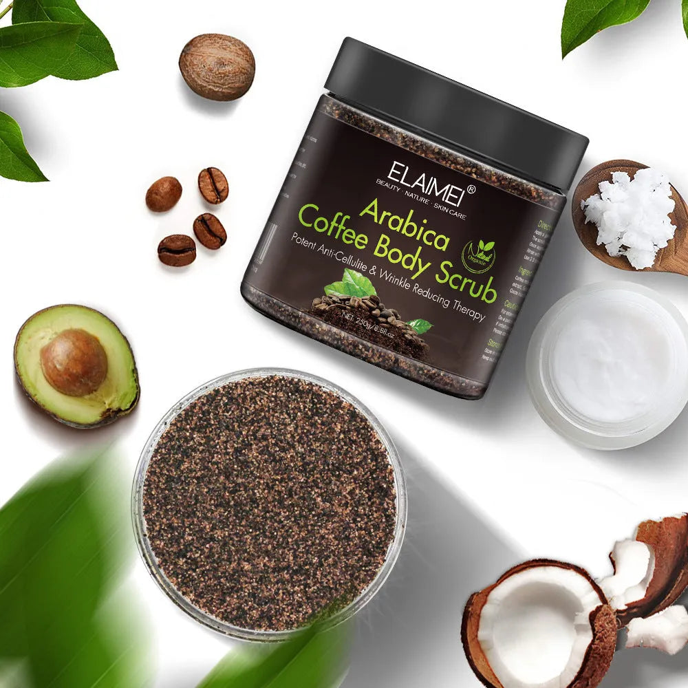 Coffee scrub exfoliating body scrub in a brown tub, 7.3 x 7.3 x 7.5 cm, with sea salt and organic coffee powder