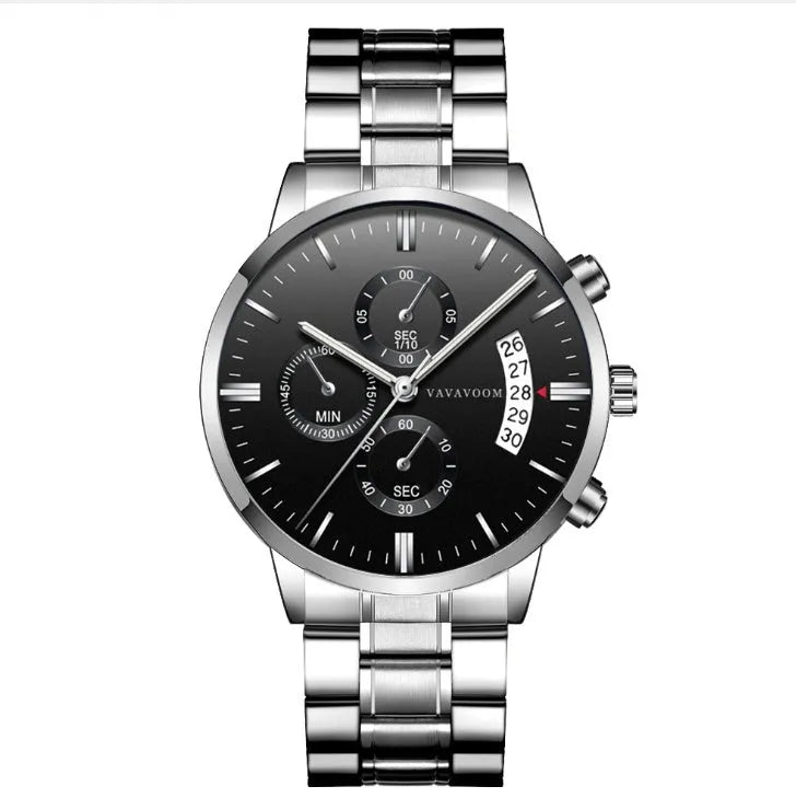 Men's stainless steel quartz watch with 43mm round dial and butterfly buckle in black and silver