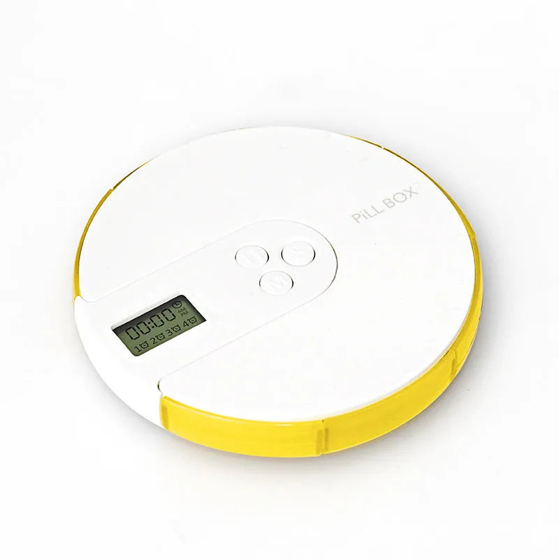 Blue 7-compartment electronic alarm clock pill dispenser showing timer display and separate lids.