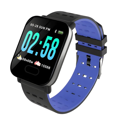 A6 smart bracelet with colour screen and silicone strap showing heart rate monitoring display