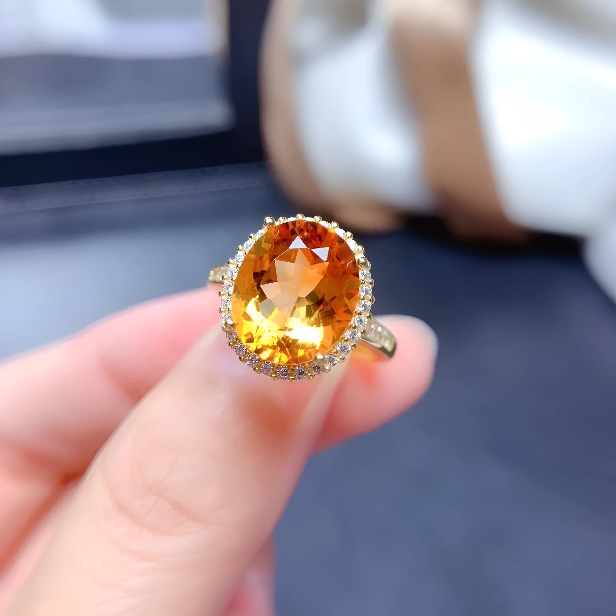 Natural citrine gold yellow diamond open ring on copper with adjustable geometric shape