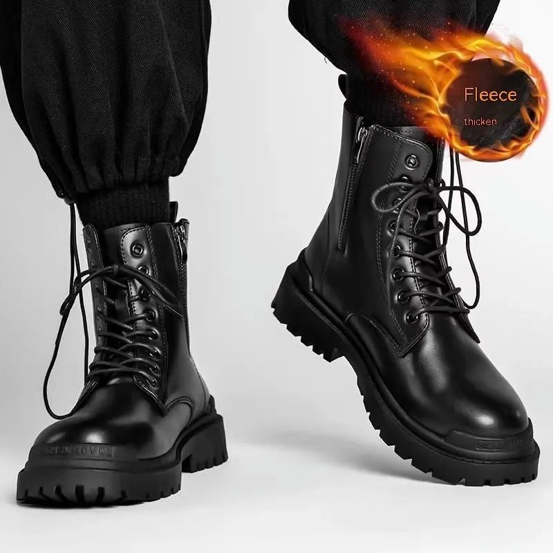 Men's black mid-top tide boots with rubber sole and PU upper in British leather style