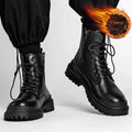 Men's black mid-top tide boots with rubber sole and PU upper in British leather style