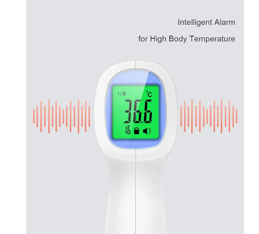 White RAK-FI03 infrared forehead thermometer held near a child's forehead showing non-contact measurement