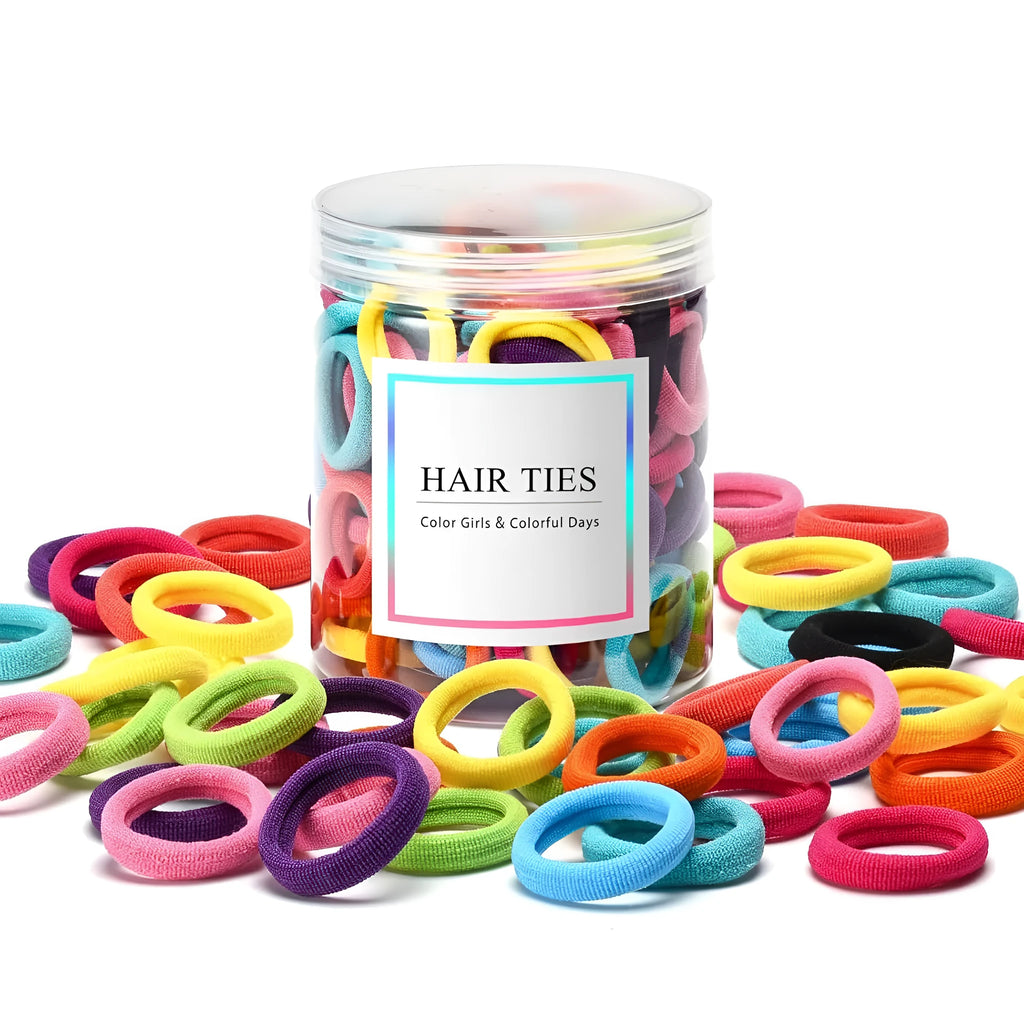 Pack of 100 multicolour seamless cotton baby hair ties for toddlers displayed in a jar