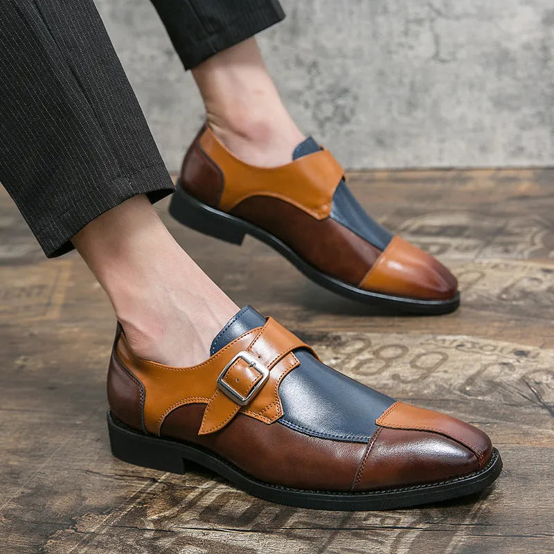 Men's British style leather shoes with retro buckle in brown blue and black colours